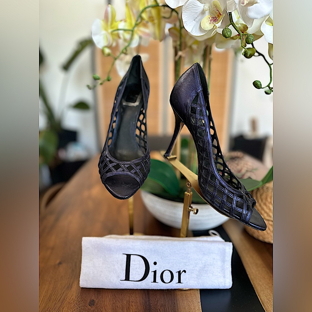 Christian Dior Latticework Midnight Metallic Blue Heels & Dust Bag Sz 39 Rt$795